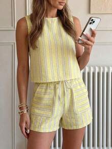 Set de 2 piezas de top corto sin mangas a rayas y pantalones, conjunto informal de verano con bolsillos para mujer - Amarillo - Ver 8