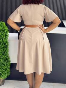 Women's A-Line Casual Dress, New Summer Collection European-American Style, V-Neck And Puff Sleeves - 卡其色+腰帶 - 查看 2