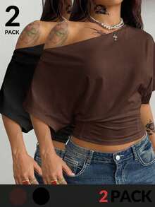 Camiseta esencial de uso diario con cuello asimétrico y cintura ceñida, apta para todo el año, para conciertos y raves con estilo Y2K para mujeres - Multicolor 4 - Ver 7