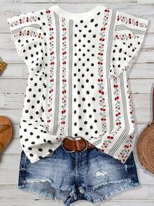 Blusa casual de mujer con estampado de cerezas, cuello plisado y mangas cortas de campana en silueta "H", para uso diario y vacaciones - Multicolor 4 - Ver 2