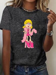 Plus Size, Women's T-Shirt With Cartoon Print Of A Blonde Girl, With Pink High Heels And A Teddy Cape, Letter Print, Plus Size, Round Neck. - 深灰色 - 查看 6