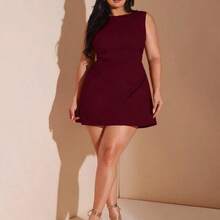Plus Size Women's Sleeveless V-Neck Waist Ruched Beaded Back Zipper Dress, 
Plus-Size Women's White Knit Pearl Dress, Versatile For Date Nights, Elegant Cocktail Parties/Music Festivals/Dates/Parties/Nightclubs/Outings/Street Style/Summer Wear, Women's Summer Outfits, Summer Vacation Outfits, Women's Holiday Outfits, Short Dress. - Rojo - Ver 9