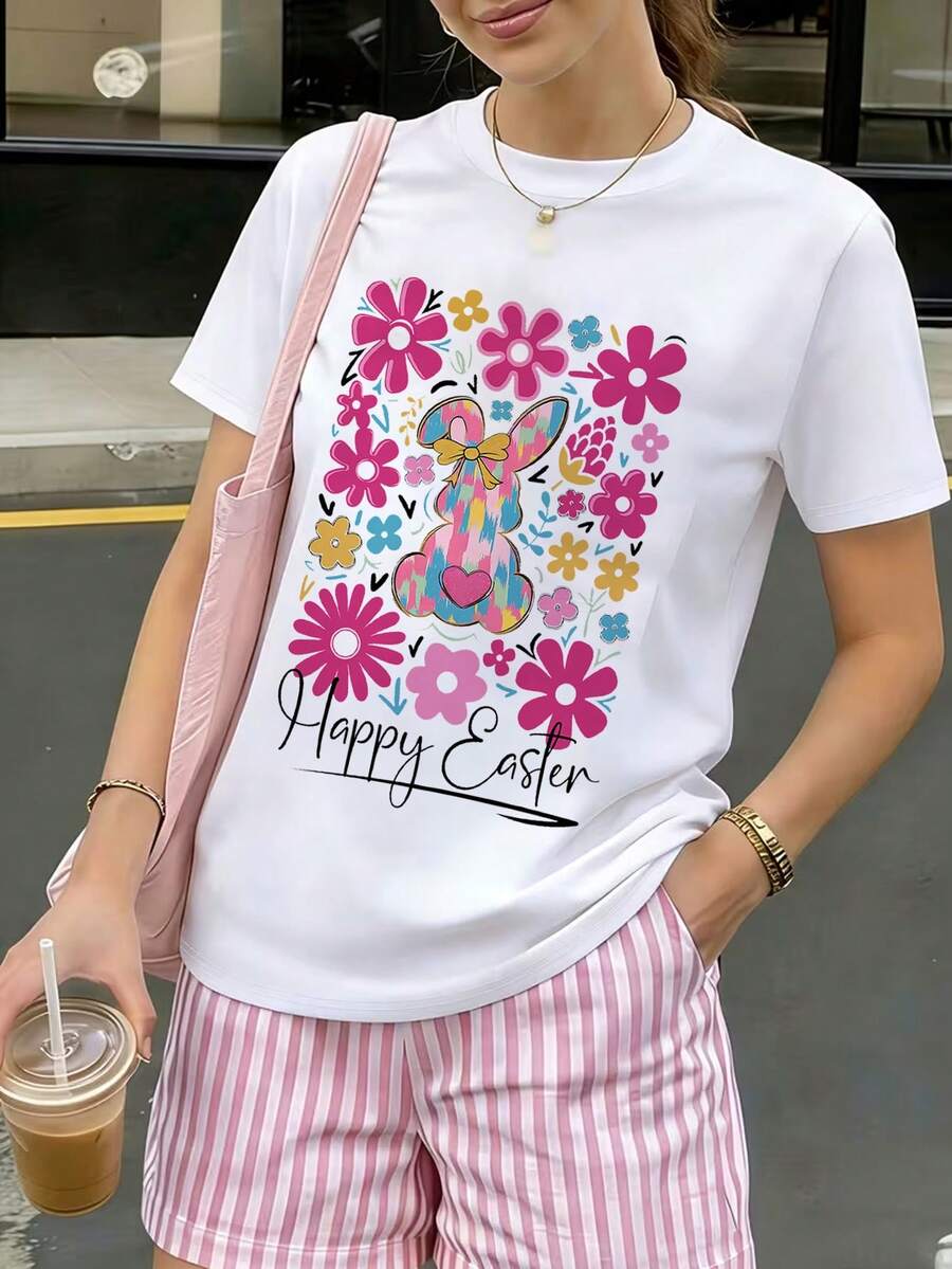 Women's Summer Fashion Short Sleeve T-Shirt, Casual Outdoor Fashion T-Shirt 'Flowers And Rabbits' Print, Relaxed Pattern Casual Women's T-Shirt - 白色 - 查看 1