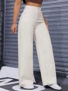 Pantalones de mezclilla casuales de pierna ancha y corte holgado para mujer con bolsillos - Albaricoque - Ver 4