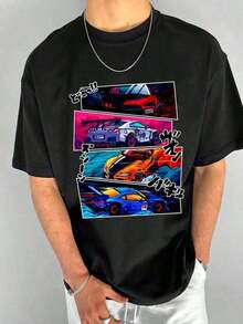 Plus Size Fashionable Car Print Short Sleeve-Shirt - Black - View 1