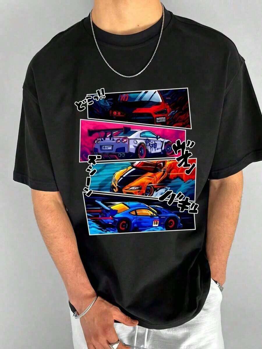 Plus Size Fashionable Car Print Short Sleeve-Shirt - Black - View 1