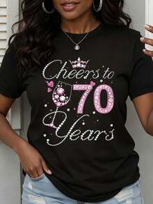 1 Piece Of Women's Short-Sleeved T-Shirt With Rhinestone Crown Design, Champagne Glass And "70 Years" Text For Birthday Celebration Or Anniversary Party, 180g, 100% Cotton. - 黑色 - 查看 6
