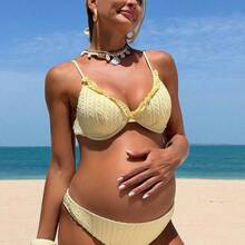 Conjunto de traje de baño de maternidad con textura de tela floral amarilla para vacaciones de verano en la playa - Amarillo - Ver 5