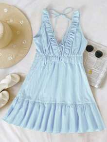 Vestido mini de mujer de color amarillo liso con volantes en los tirantes, de estilo casual de vacaciones, para verano - Celeste - Ver 2