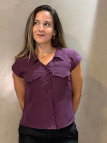 Women's Dress Blouse With Front Pocket, Short Sleeves, Impeccable Quality, Front Buttons - 酒紅色 - 查看 3