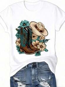 Mother's Day Outfit: Women's Western Style T-Shirt With Boots, Hat And Floral Print, Loose Fit, Round Neck, Short Sleeves, Casual Spring Style. - 白色 - 查看 5