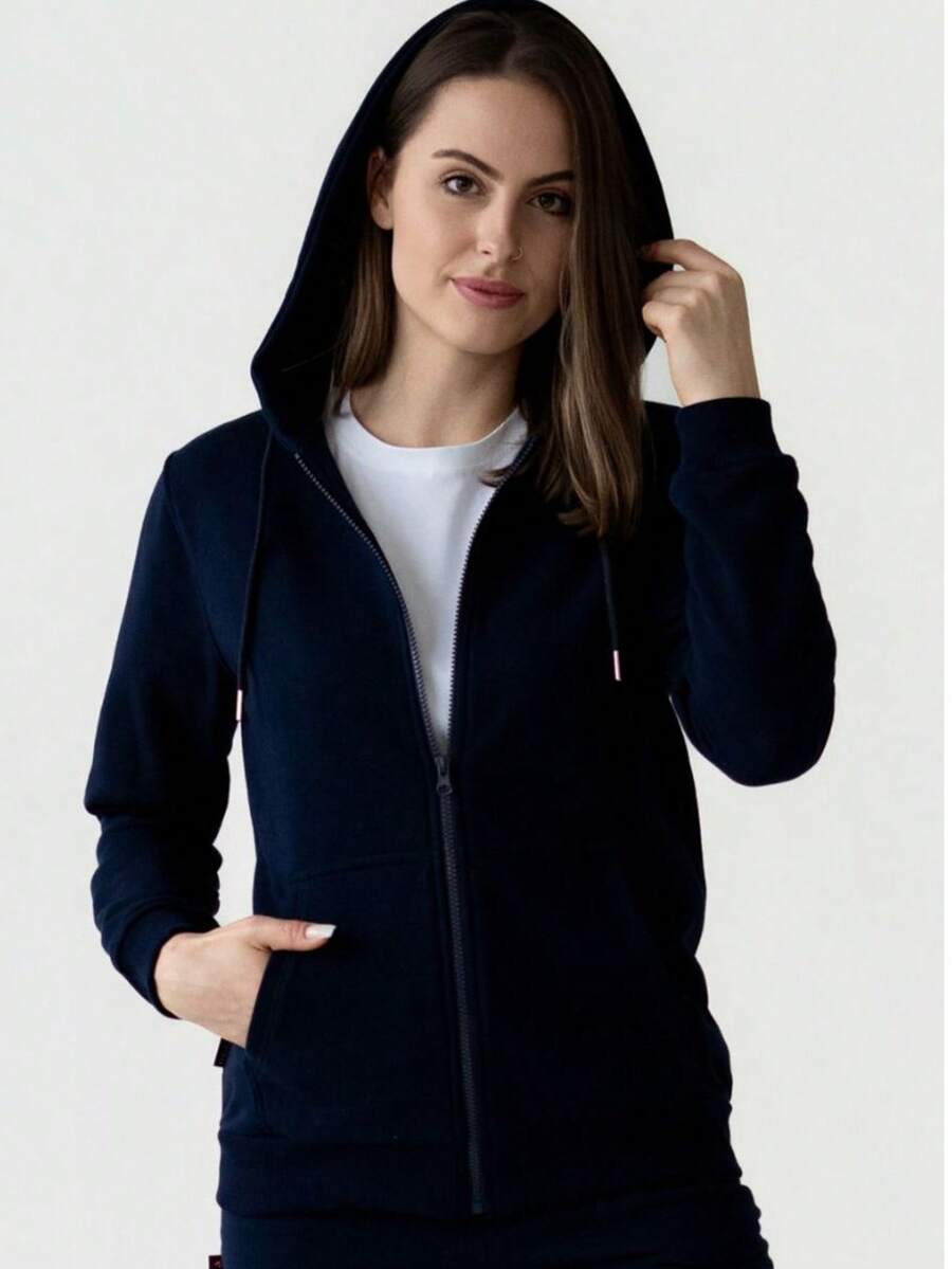 女款法式毛圈布連帽拉鍊運動衫,羅紋袖口與下擺收邊,尺寸 XS–10XL,適合春、夏、秋季穿著 - 藏蓝色 - 查看 1