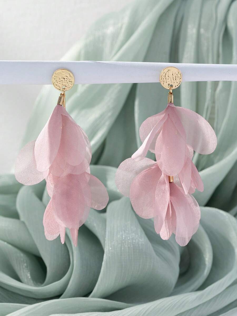 1 Pasang Anting Panjang Bunga Kain Elegan, Cocok untuk Pemakaian Sehari-hari - Merah Muda - E1341 - View 1
