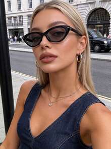 1 pièce Lunettes à monture fine style œil de chat, lunettes polyvalentes décontractées pour femmes, convenant pour le port quotidien, le style de rue, les vacances, les voyages, la plage d'été, les activités extérieures, accessoires de voyage et de plage - Cadre noir film noir gris - Voir 3
