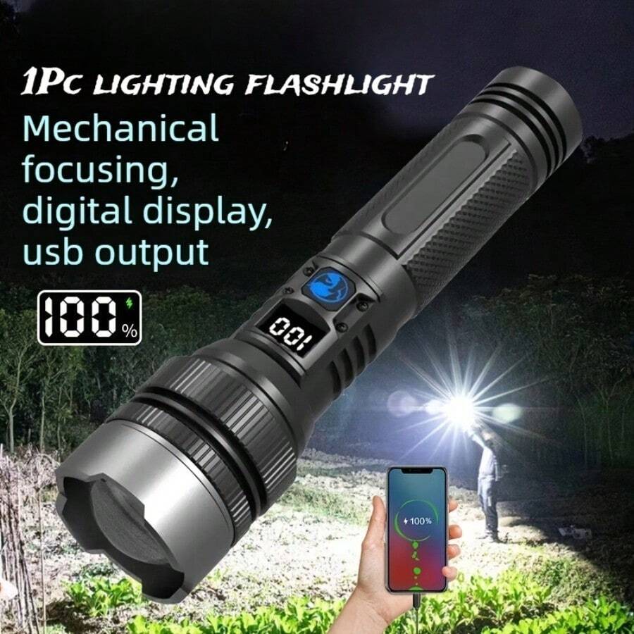 1個超亮充電式LED手電筒 - 高強度戰術手電筒，USB充電，3種模式，1800mAh長效電池，人體工學手柄設計，適用於露營、徒步、戶外探險、停電緊急情況，便攜且耐用