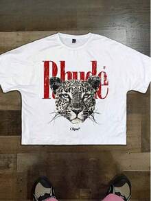 Y2KCHAOS Camiseta Gráfica Retro de Moda Urbana con Estampado de Leopardo Atrevido y Tipografía Estilo Rhude, Corte Holgado para Amantes de la Moda Urbana, Perfecta para Jóvenes y Personas que Buscan Ropa Atrevida y de Impacto, Estilo Vintage. Manfinity2026-Camiseta Unisex de Manga Corta y Cuello Redondo de Algodón Holgado Estilo Urbano Vintage. - Blanco - Ver 5