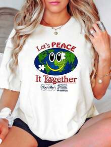 Women's T-Shirt With Ceramics Workin' On It Print, White T-Shirt, Plus Size, Vintage, Washed, Comfortable, Unisex, Soft, Casual, Elastic, Urban Vintage Style, Unisex, Loose, Cotton, Short Sleeve, Round Neck, Blouses For Women, Women's T-Shirts, Casual Blouses For Ladies. - 白色 - 查看 6