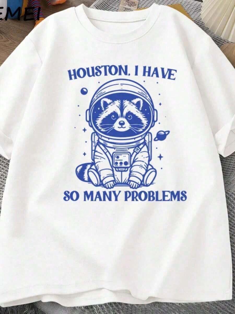 Women's Short-Sleeved Knit T-Shirt, Casual And Cute Style, With Panda Eating Ramen Design, Round Neck, Regular Fit - Urban Vintage Style, Unisex, Loose, Cotton, Short-Sleeved And Round Neck. - 白色 3 - 查看 1