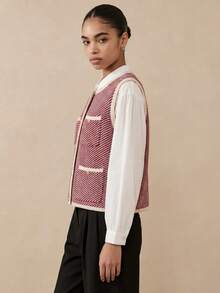 Áo khoác cardigan cổ tròn dáng thanh lịch dành cho nữ mùa thu/đông, thiết kế gân nổi. - Đỏ và trắng - Xem 5