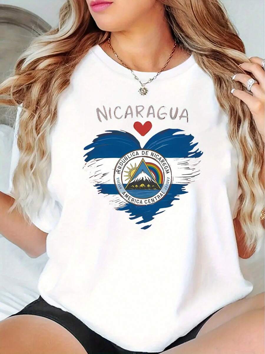 Oversized Women's Casual Short Sleeve T-Shirt, Slim Fit, With Flag And Slogan Print, Medium Elasticity Round Neck, Machine Washable, Comfortable For All Seasons, Cute And With A Touch Of National Pride. - 白色 - 查看 1