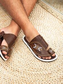 Men's Flat Comfortable Arabic Style Slippers, Middle Eastern Men's Sandals, Dark Color Middle Eastern Slide Sandals - Coffee Brown - View 2