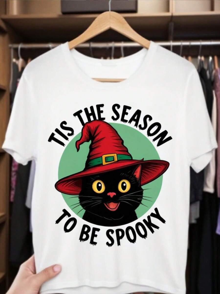 Camiseta de Halloween de Gato Bruja. Es el momento de todas las cosas Eerie. Camiseta ligera de cuello redondo blanco de manga cortara mujeres, cómoda y e