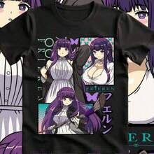 Camiseta de algodón de manga corta con cuello redondo para hombre, serie Freren, estilo casual de anime, para verano. Camiseta Y2k - Negro - Ver 7