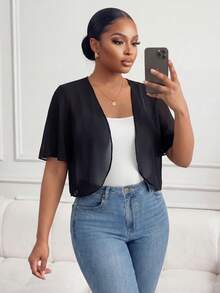 SHEIN Lady CURVE Áo khoác ngắn tay màu đen bằng vải chiffon, dáng rộng thoải mái, thoáng mát, chất liệu rộng rãi, thoáng khí, thích hợp mặc hàng ngày cho nữ, phù hợp cho mùa xuân và hè. Áo khoác này có thể mặc đi chơi hoặc dạo phố. - màu đen - Xem 6