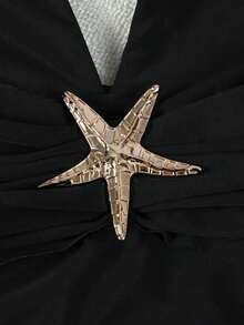 Traje de baño de una pieza con decoración de estrella de mar y falda pareo con abertura alta, diseño elegante para mujeres, adecuado para vacaciones de verano en la playa, color blanco - Negro - Ver 7