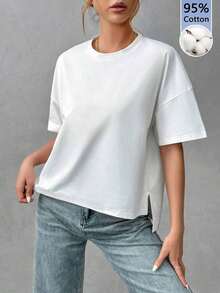 Camiseta holgada de estilo minimalista casual para mujer, con parte delantera corta y parte trasera larga, versátil para usar en la calle, adecuada para primavera y verano - Blanco 3 - Ver 10