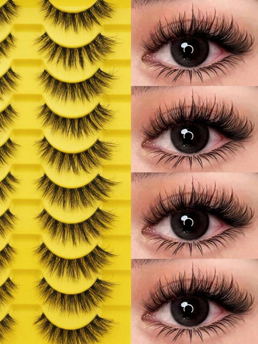 10 Pairs Transparent Stem False Eyelashes, Cat Eye Effect Lashes, Soft Transparent Strips, Delicate Natural, Lightweight Artificial Full Lash, Strip Lashes - Black - View 1
