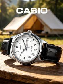 Casio Đồng hồ nam thạch anh kiểu dáng trang trọng, mặt số lớn thanh lịch, dây đeo giả da cá sấu màu đen, chữ số La Mã màu trắng, cửa sổ hiển thị hai ngày, tùy chọn mặt số đen trắng, chiếc đồng hồ cao cấp cổ điển vượt thời gian dành cho chồng và cha. - trắng - Xem 7