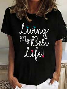 1 pieza Camiseta de Mujer con Estampado Inspirador "Estoy Viviendo Mi Mejor Vida" - Camiseta Casual Divertida de Cuello Redondo, Estilo Oversize, Manga Corta, 100% Algodón, 180g, Todos los diseños están impresos. Unisexo. - Negro - Ver 7