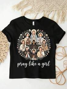 Camiseta holgada para mujer estilo Y2K, con estampados de santos católicos, diseñada específicamente para mujeres cristianas, con un estilo callejero vintage de los años 2000 y un corte holgado. Hecha de 100% algodón, es una camiseta de manga corta para vacaciones de verano y días de descanso para mujeres - Estilo vintage urbano, unisex, holgada, de algodón, con cuello redondo. - Blanco - Ver 8