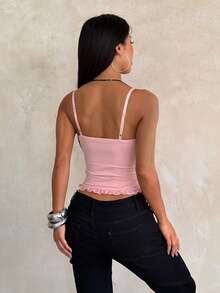 1pc Solid Color Knit Fabric Ruffle Trim Tassel Top, Suitable For Vacation All Seasons - Pink - View 8