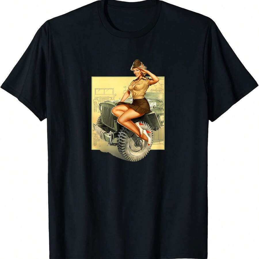 Pin-Up Girls Willys MB WW2 Vintage Poster T-Shirt - Black - View 1