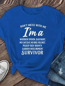 Limited Edition: Women's T-Shirt With The "Don't Mess With Me, I'm A Survivor" Print, Made Of Breathable, Soft, And Medium-Stretch Fabric, Machine Washable. Suitable For Spring And Summer, This Casual Crew Neck T-Shirt Is Perfect For Shopping, Vacations, And Outings. Lightweight Cotton. - 藍色 - 查看 3