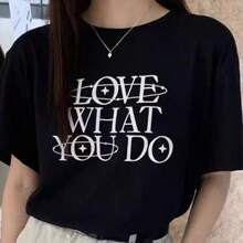 Camiseta de manga corta de estilo coreano, casual, holgada y de verano, con estampado de letras sencillas. - Amor negro, lo que haces - Ver 1