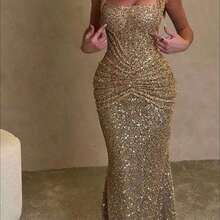 Top Fashion Picks Summer 2026 Spring/Summer New Arrival: Women's Stylish Sequin-Embellished Halter Dress - INS Style, Vacations & Parties; Casual, Slimming, Elegant, And Versatile Sleeveless Maxi Dress Sequin,Bodycon ,Hem,,Dress Formal Wear, Fitted, Sequined, Dresses, Evening Gowns, Formal Dresses - Vàng - Xem 5
