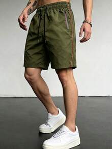 1pc Men's Summer Casual Sports Quick-Dry Shorts, Elastic Waist Drawstring Design Sports Shorts With Zipper Pockets - Olive Green - View 2