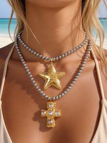 1 pieza Collar de acero de titanio con cuentas y estrella de cinco puntas para mujer, un regalo orgulloso adecuado para suministros de boda - Multicolor - Ver 6