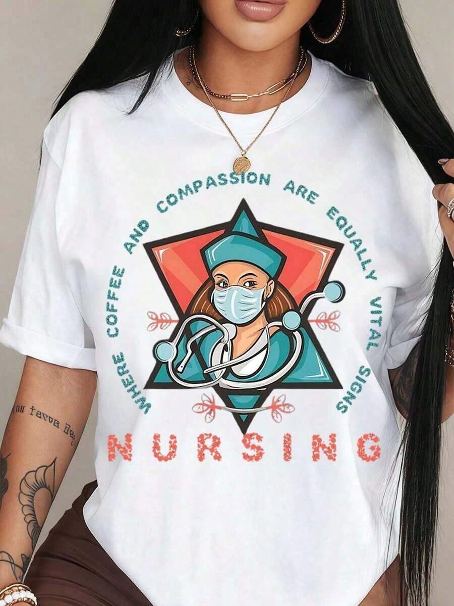 Camiseta con estampado gráfico de enfermería para el Día de las Enfermeras: "El café y la compasión son signos vitales iguales". Camiseta informal de manga corta con cuello redondo, estampada a la moda, de tela suave y cómoda, adecuada para el personal médico, ideal para uniformes de trabajo o ropa de uso diario en casa. - Blanco - Ver 1