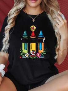 Women's T-Shirt With Personalized Name And Crayon Flower Design, Casual Short Sleeve Graphic Print T-Shirt, Ideal For Family Gatherings, Christmas Parties, Sports Activities, New Year's Eve Parties, Outings, Sports And Other Festive Gifts. - 黑色 - 查看 7