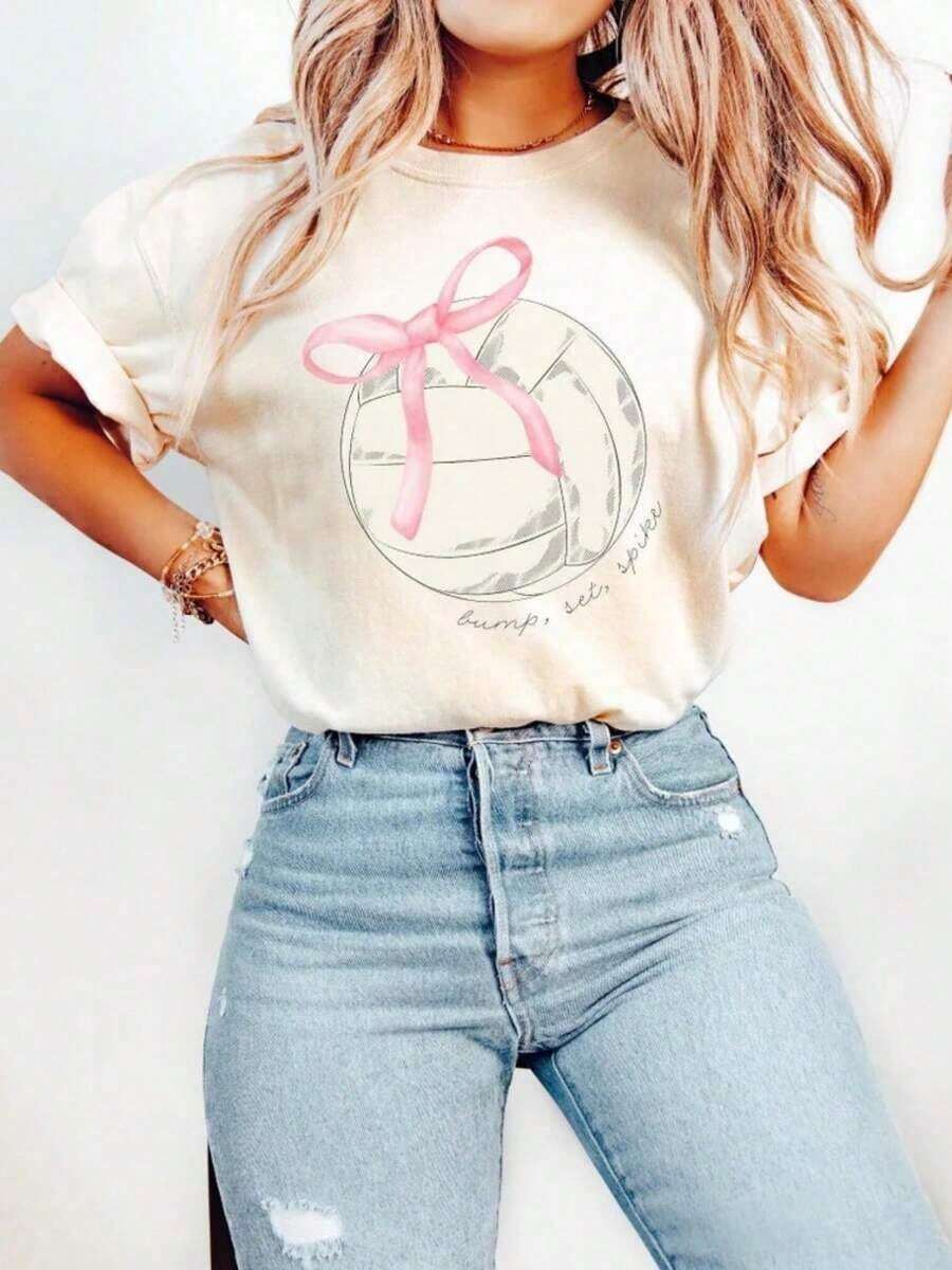 1 Piece ® Adorable Volleyball Mom T-Shirt, Pet Bow T-Shirt, Cute Bow T-Shirt For School Spirit, Bump Spike, Volleyball, 180g, 100% Cotton - 白色 4 - 查看 1