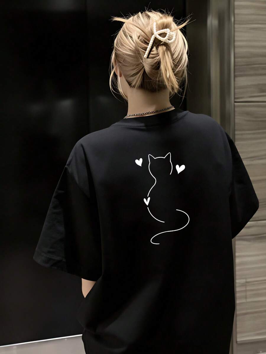 1 camiseta de manga corta para mujer con estampado de gato y corazón, 100% algodón, unisex, disponible en blanco, rojo, gris claro y gris oscuro, estilo casual clásico, regalo - camiseta unisex de manga corta, cuello redondo, estilo vintage urbano, holgada. - Negro - Ver 1