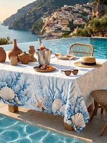 1 Pack Coastal Ocean & Seashell Printed Tablecloth, Blue Coral Starfish Pattern Polyester Table Cover, Nautical Beach Style Round/Oval Tablecloth, Scalloped Edge Wrinkle Resistant Waterproof Anti-Stain Table Protector, Reusable Dustproof Heat Resistant Outdoor Table Sheet - Multicolor - View 17
