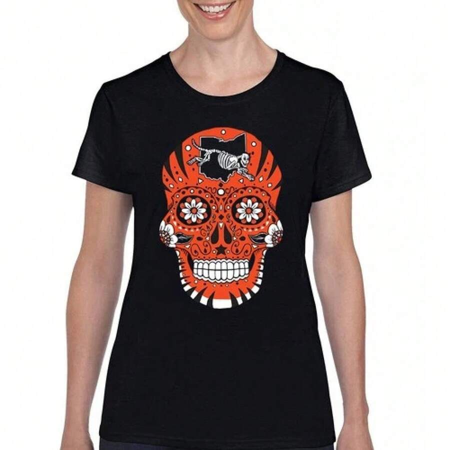 Camiseta de Calaveras de Azúcar de Cincinnati para Fanáticas de Fútbol Americano - Negro - Ver 1