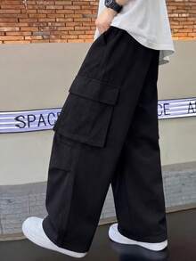 男士时尚多口袋直筒休闲裤，松紧腰设计，轻薄夏季款，适合送给男友或丈夫 - 黑色 - 查看 4