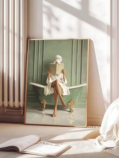 1pc Sage Green Woman Reading Bathtub Print, Green Wall Art, Wall Art, Library, Book Lover, Minimalist Decor Dopamine Decor, Festival Gift, The Ideal Gift For Friends, Bedroom Art Print, Living Room Decor, Office Decor, Kitchen Decor, Bathroom Decor, Wall Arts, Wall Decor, Home Decor, Room Decor, Canvas Wall Art, Posters, Wall Art With Frame, Optional Frame ﻿