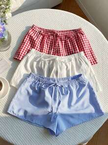 Set de 3 pantalones cortos sueltos y casuales con cintura de atar para mujer - Multicolor 12 - Ver 8